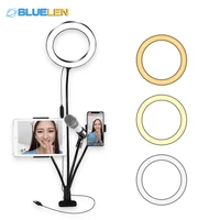 bluelen clamp on table gooseneck mount multifunctional double cell phone holder with dimmable selfie ring light for live stream