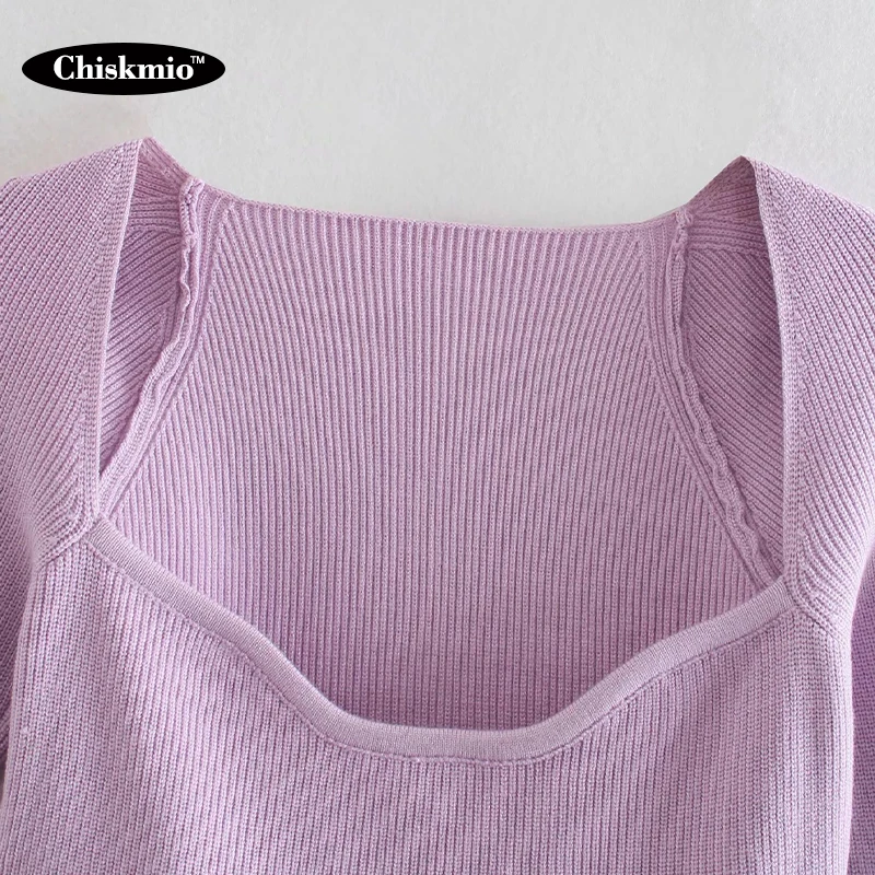 

Square Collar Long-Sleeve Kintted Sweater Ladies Clothes Patchwork Loose Pullover Blouse Women Clothing Solid Casual Tops