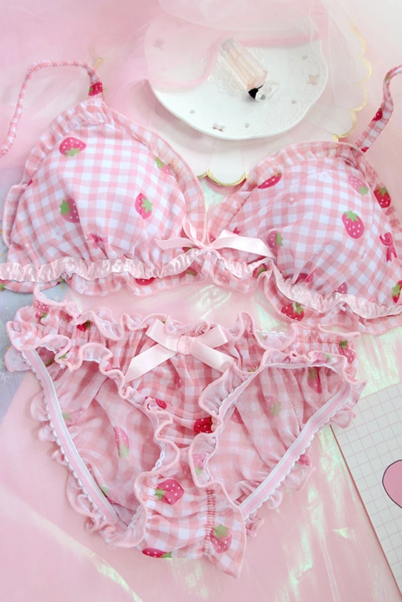 

Women's Cute Strawberry Print Bra & Panties Lingerie Set Japanese Girl Bras Briefs Underwear Set Women Bra and Panty Set