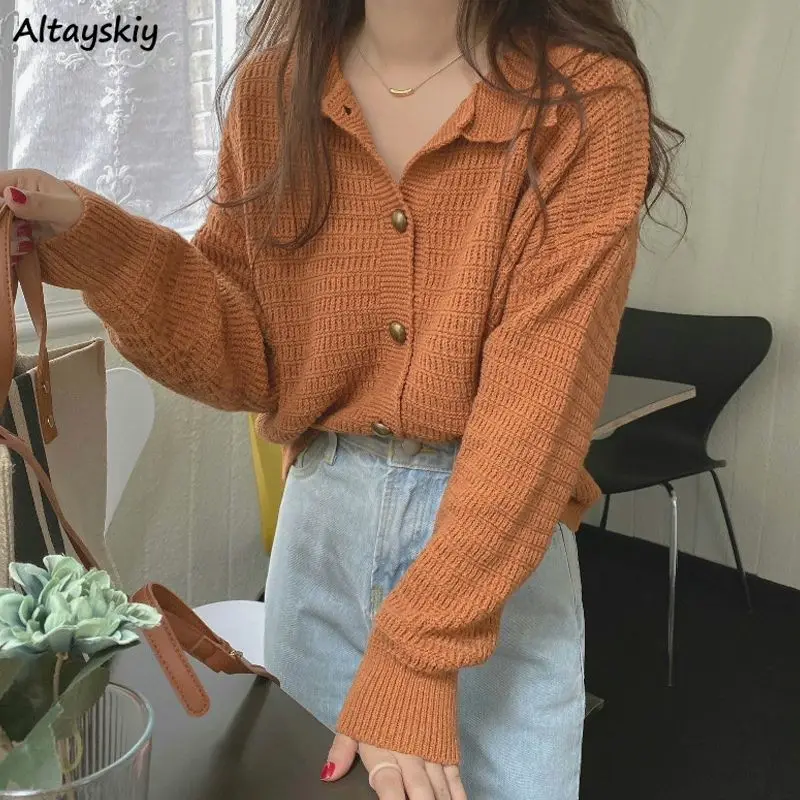 

Casual Solid Cardigan Women Long Sleeve Knitwear Elegant Turn-down Collar Single Breasted Vintage Loose Spring Fall Tops Outwear