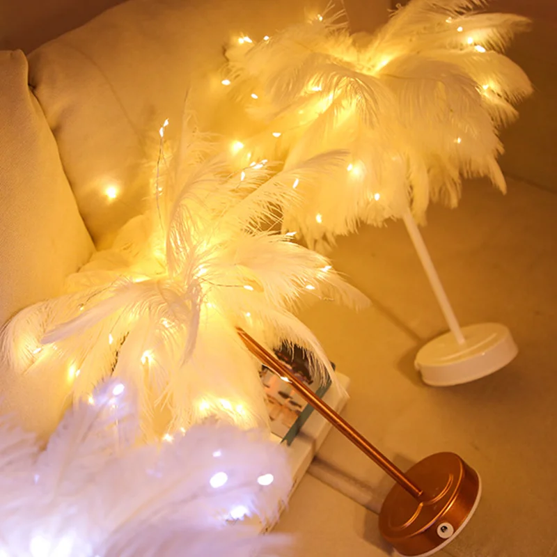 

Pink White Feather Table Lamp LED Tree Feather Lampshade Night Light for Home Wedding Living Room Bedroom Decor Night Lights