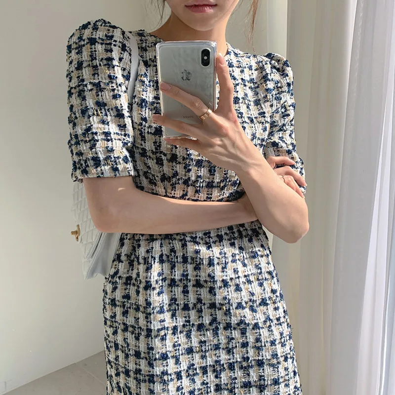 

ZAWFL женское платье Лето 2021 корейская мода шикарное темпераментное с круглым вырезом контрастное свободное твидовое платье джокер