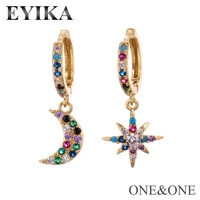 eyika newest small ladies hoop earrings star moon asymmetrical earring with aaa colorful cubic zirconia women cz jewelry 1pair
