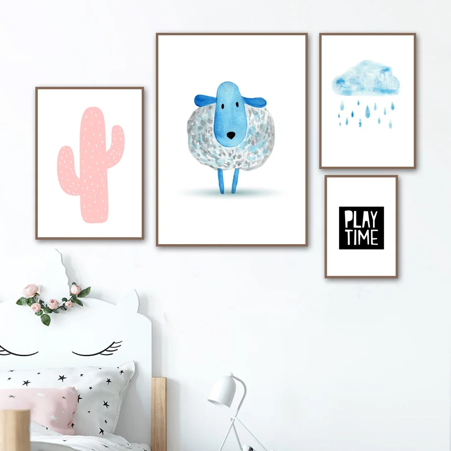 

Wall Art Canvas Painting Cactus Cloud Sheep Quotes Cartoon Animal Nordic Posters And Prints Wall Pictures Kids Room Home Decor