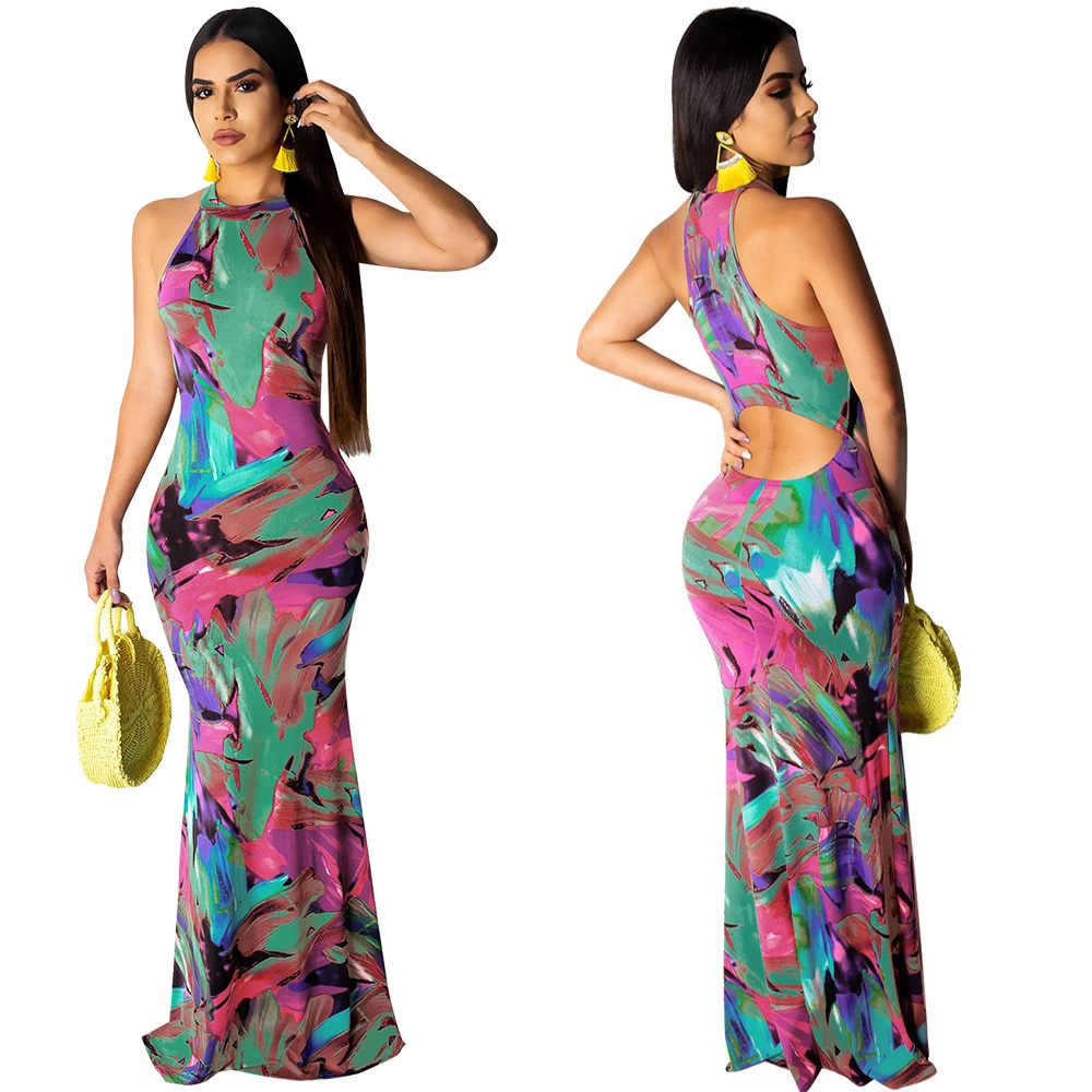 green dress Элегантное женское платье с цветочным принтом в стиле бохо, Осеннее банкетное длинное платье, сексуальное открытое вечернее платье с открытой спиной, наряд vestidos - Цвет: green dress