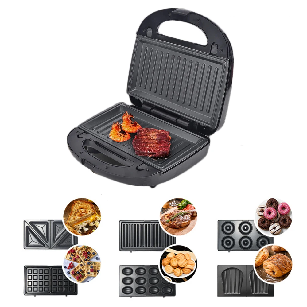 

750W 6 In1 Electric Waffles Maker Sandwich Machine BBQ Bubble Egg Cake Oven Kitchen Breakfast Bubble Waffle Donuts Multi-Baker