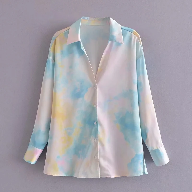 

Women Shirt 2021 Summer Turn-down Collar Tie-dye Print Shirt Vintage Long Sleeve Loose Button-up Female Shirts Blouse Chic Tops