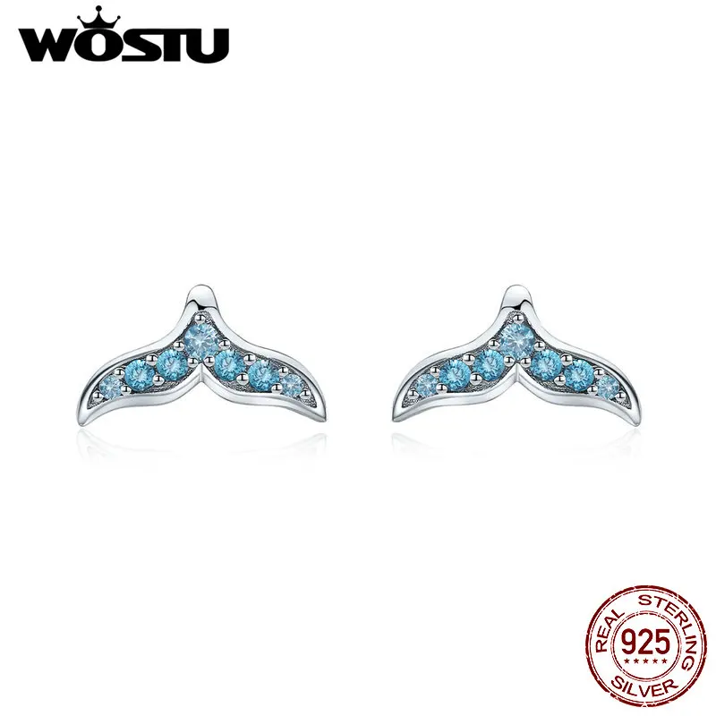 WOSTU 925 пробы серебряные серьги-гвоздики в виде хвоста русалки с голубым цирконием для женщин Свадебные блестящие ювелирные изделия CTE058