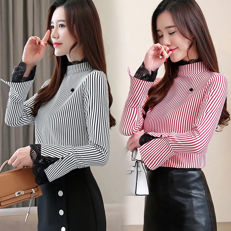 Корейские модные шифоновые женские блузки с кружевными расклешенными рукавами