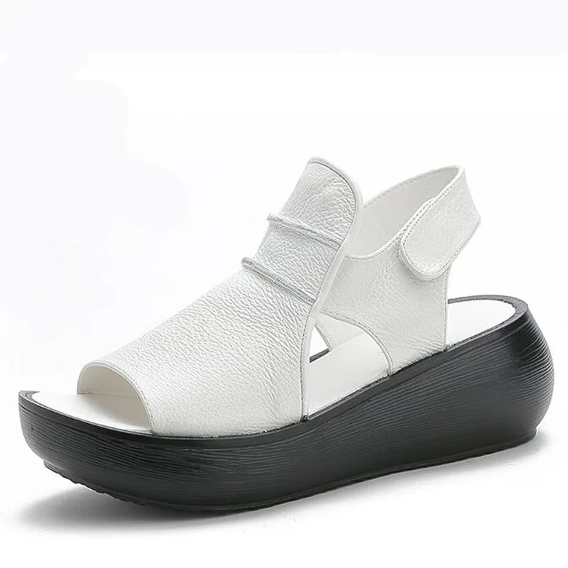 

2021 New Summer Top Cowhide Leather Sandals Women Beach Sandals Fish Mouth Thick Bottom Wedge Sandals Fashion High Heel Sandals