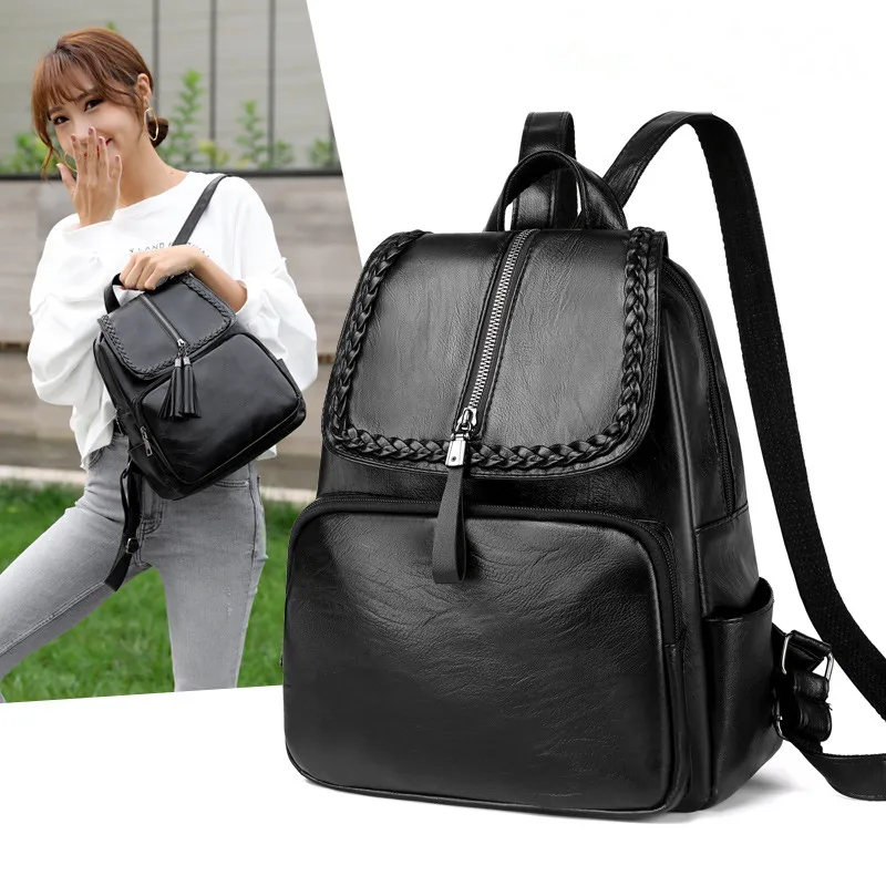 

Weave Pattern Decoration Solid Color Women's Backpack PU Leather Preppy Style Girls Backbag Female Casual Portable Bagpack Sac