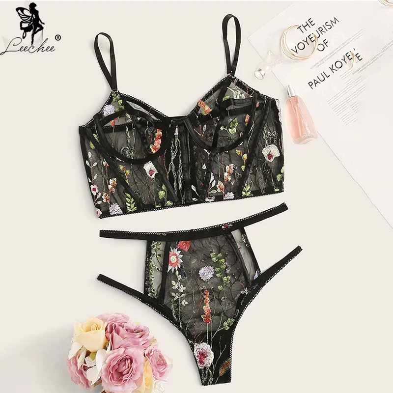 

Leechee New Women Lingerie Set Floral Embroidery Sheer Mesh Transparent Underwear V-Neck Push up Bralette+Hollow Out Thong 2pc