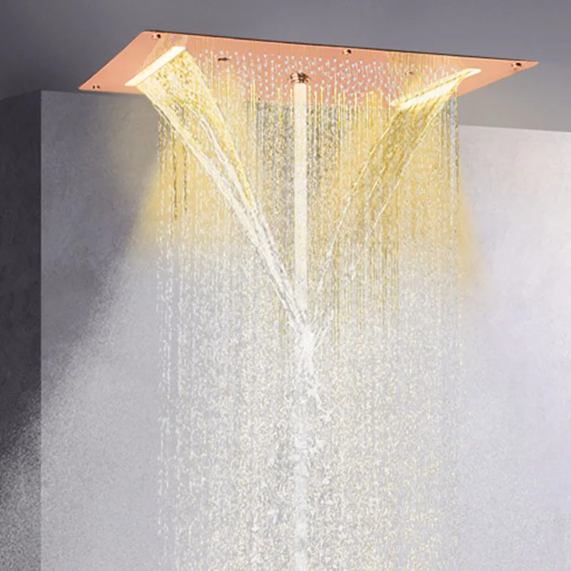 

Розово-золотой душевой смеситель 70x38 см, светодиодный Многофункциональный дождь, водопад, пузырьки, распыляющая спа-система