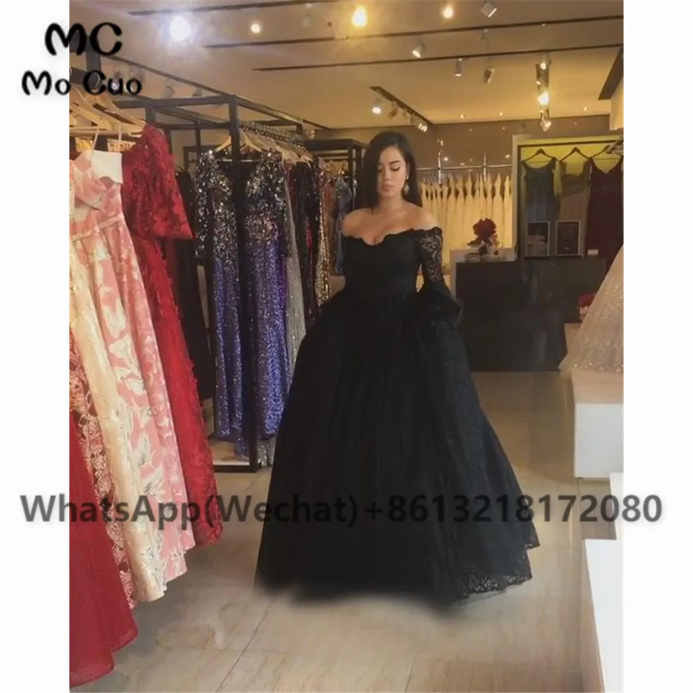 

Black Lace Puffy Sleeved Off the Shoulder Ball Gown Prom Evening Dresses Appliques Tulle Women's Evening Gown Custom Made