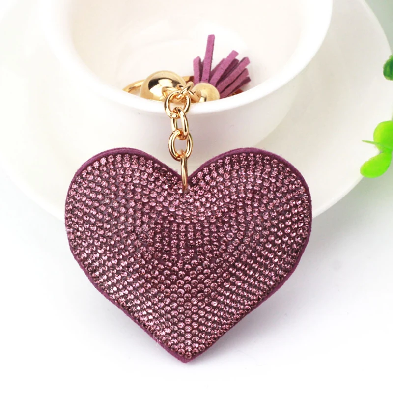 16 Fashion Keychain Heart Shape Female Full Glass Beads Key Covers Mosaic Leather Fringed Key Chain Car Ring Cap Gift - Color: 16