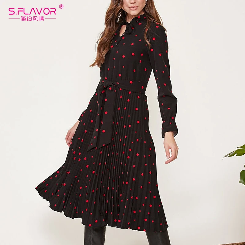 Женское длинное платье в горошек S.FLAVOR плиссированное трапеция с V образным