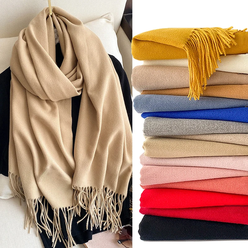 

2021 winter scarf solid thick women cashmere scarves neck head warm hijabs pashmina lady shawls and wraps bandana Tassel