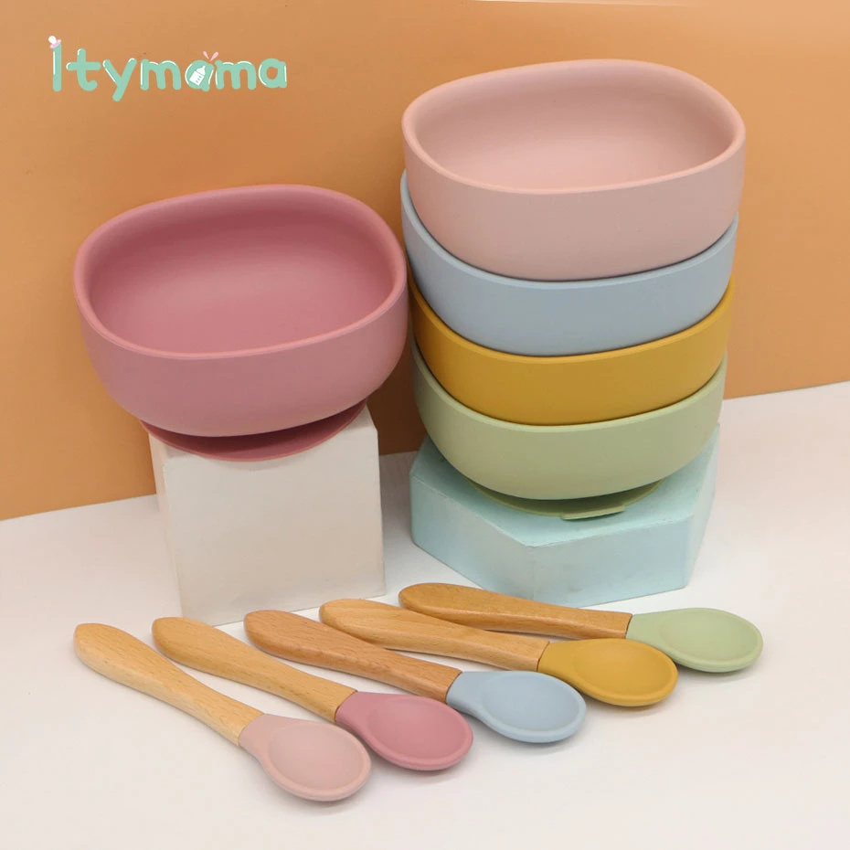 New Solid  Baby Feeding Bowl Food Grade Silicone Bowl Baby Plate Non-slip Suction Bowl Kids Tableware Waterproof BPA Free Spoon