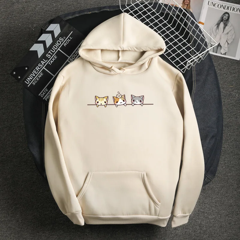 

Autumn And Winter New Loose Harajuku Style Japan Korean Sweatshirt Kawaii Three Cats Print Pattern Fleece Female Hoodies