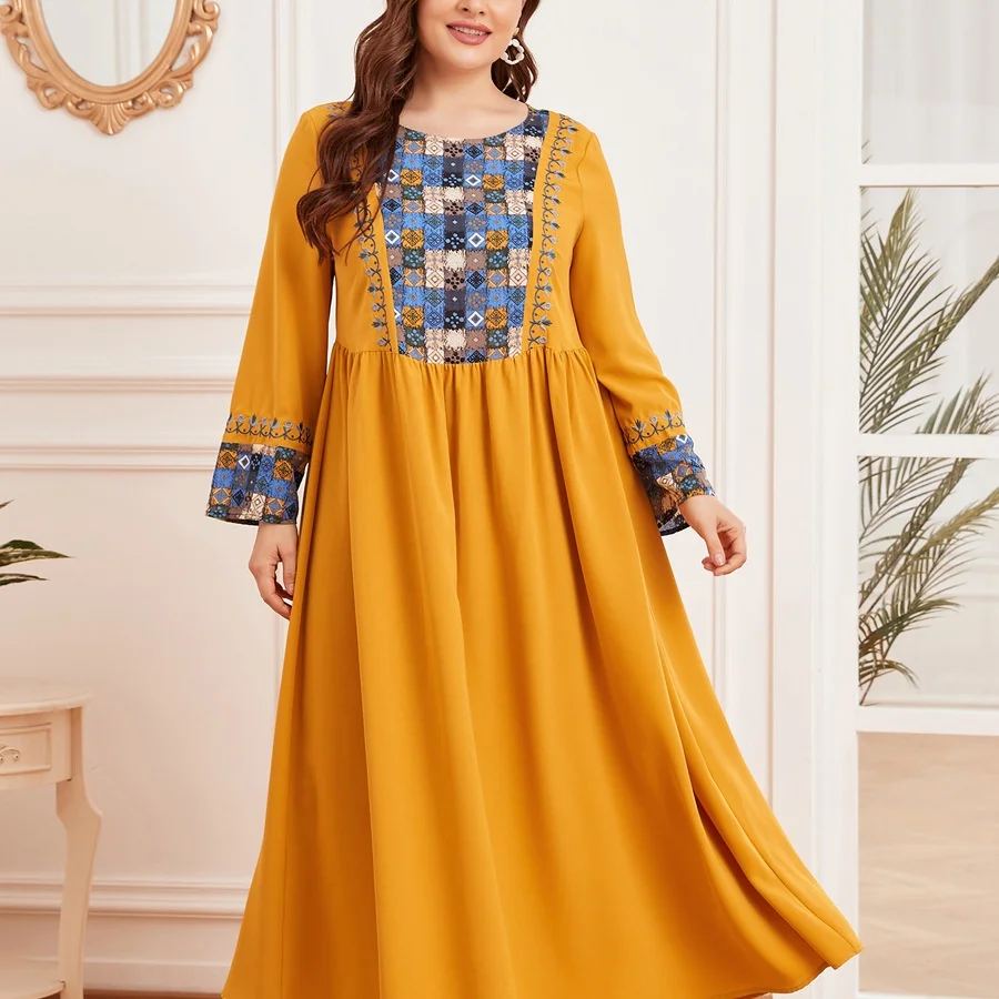 

2021 New Large Size Women's Fashion Embroidery Mosaic Muslim Long Skirt Large Drape Temperament Dress Abaya Dubai Robe