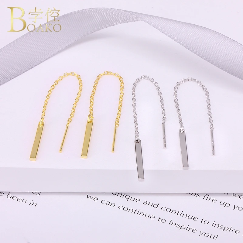 Real 925 Sterling Silver Stud Earrings For Women Long Chain Girl Gift Tassel Earring Female Geometric Pendant aretes | Украшения и