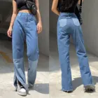 Брюки женские джинсовые с завышенной талией, свободные брюки в стиле пэчворк для вечевечерние НКИ, танца, клуба, боковые карманы, с грубым разрезом на подоле, осень