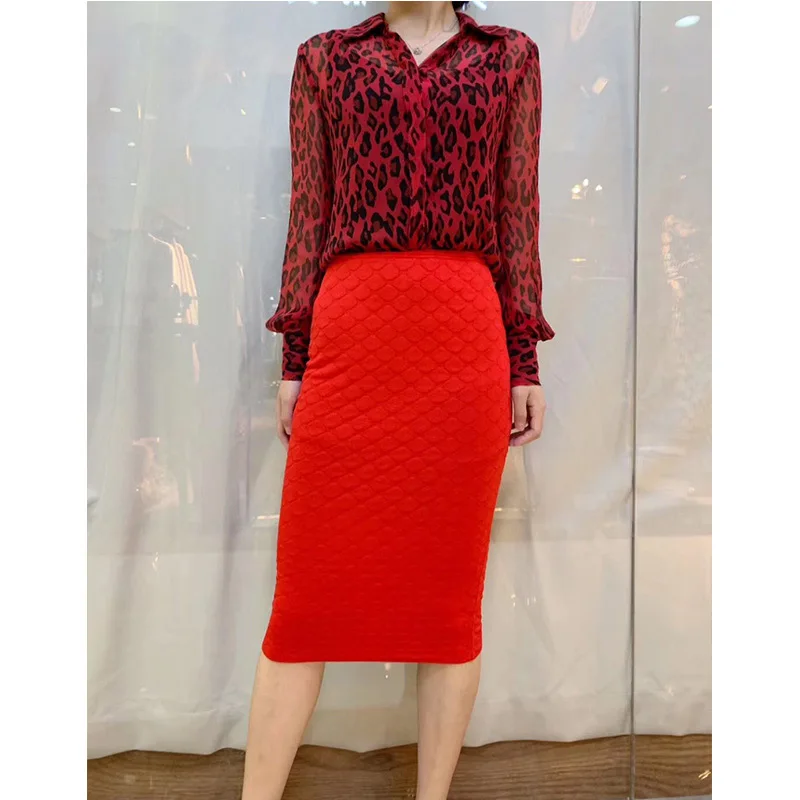 Женская блузка с длинным рукавом красная Повседневная шелковая леопардовым