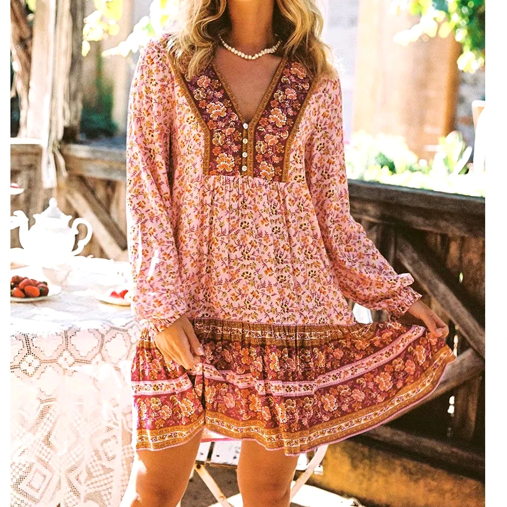 

GypsyLady Floral Boho Mini Dress Vintage Chic Summer Holiday Dresses Women V-neck Button Front Ruffles Ladies Beach Female Dress