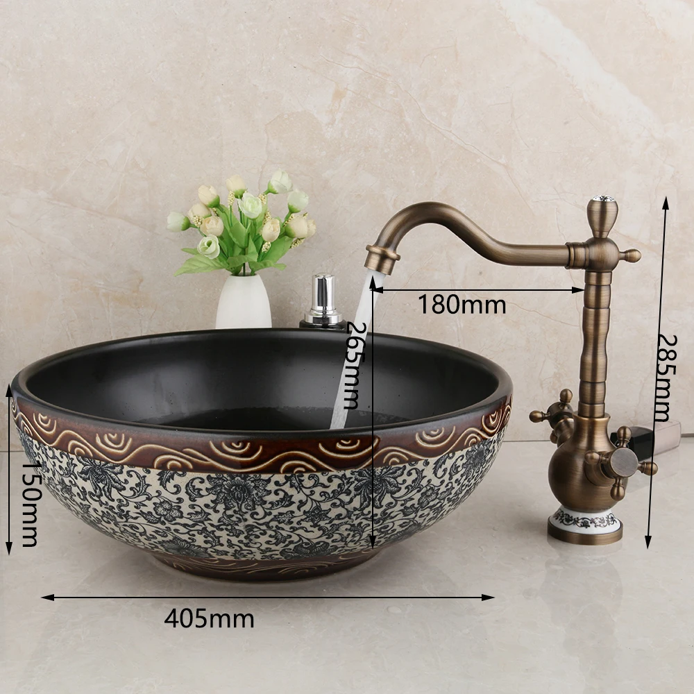 KEMAIDI Round Bowl Sinks Vessel Basin Bathroom Washbasin Ceramic Sink Antique Brass Mixer Faucet | Обустройство дома