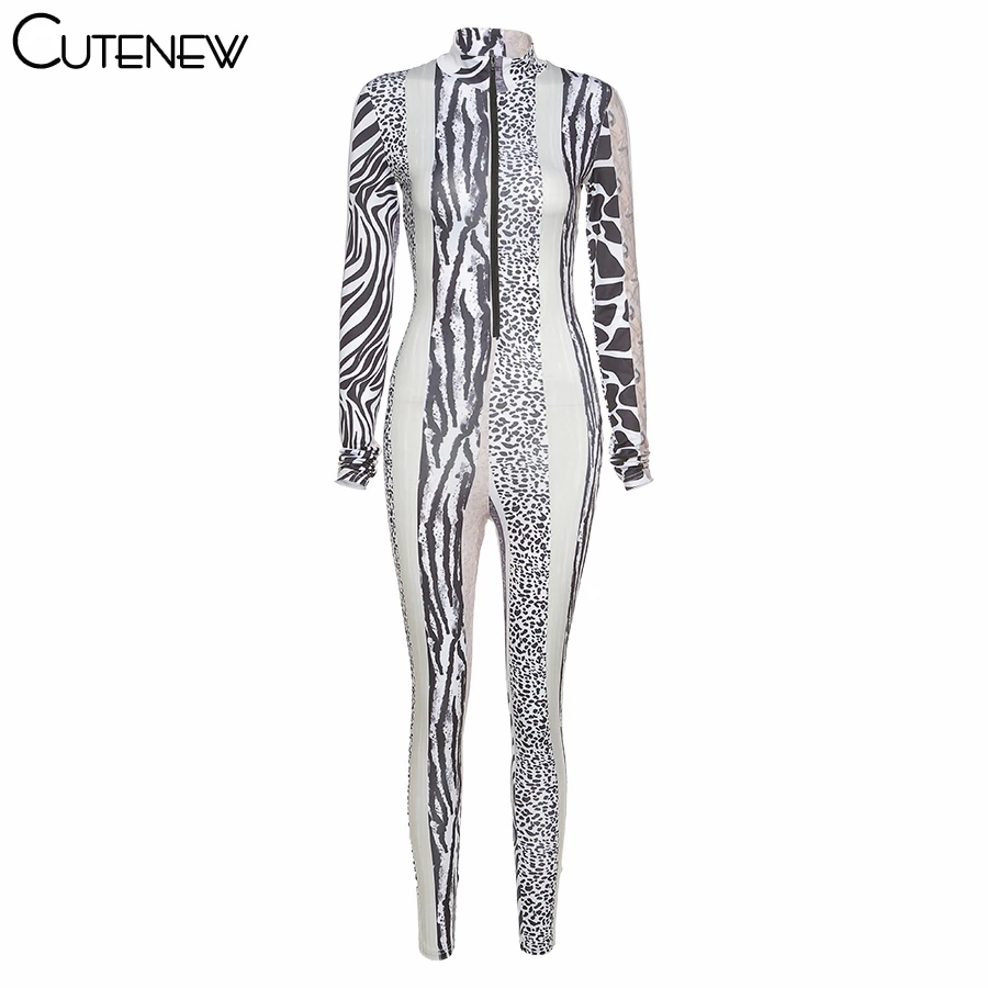 

Cutenew Panelled Leopard Pattern Print Zipper Jumpsuit Women Skinny Elastic Turtleneck Spring Casual Street Style Female Outfits