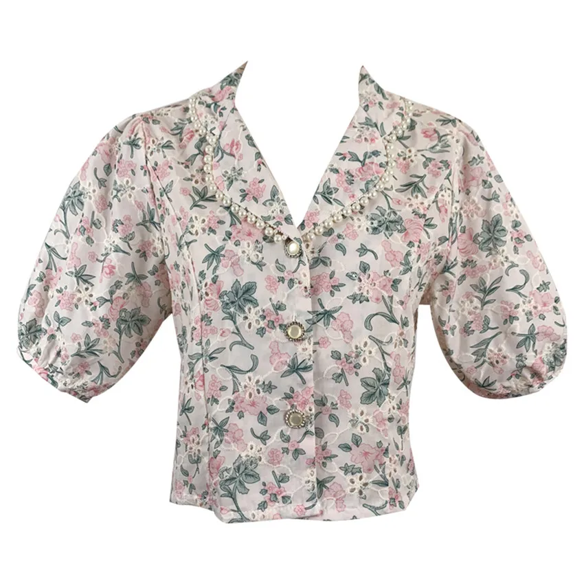 

Summer Crop Top Women Puff Sleeve Elegant Blouse Shirt Pearl Floral Print Chic Fashion Shirts French Style Blusa Mujer