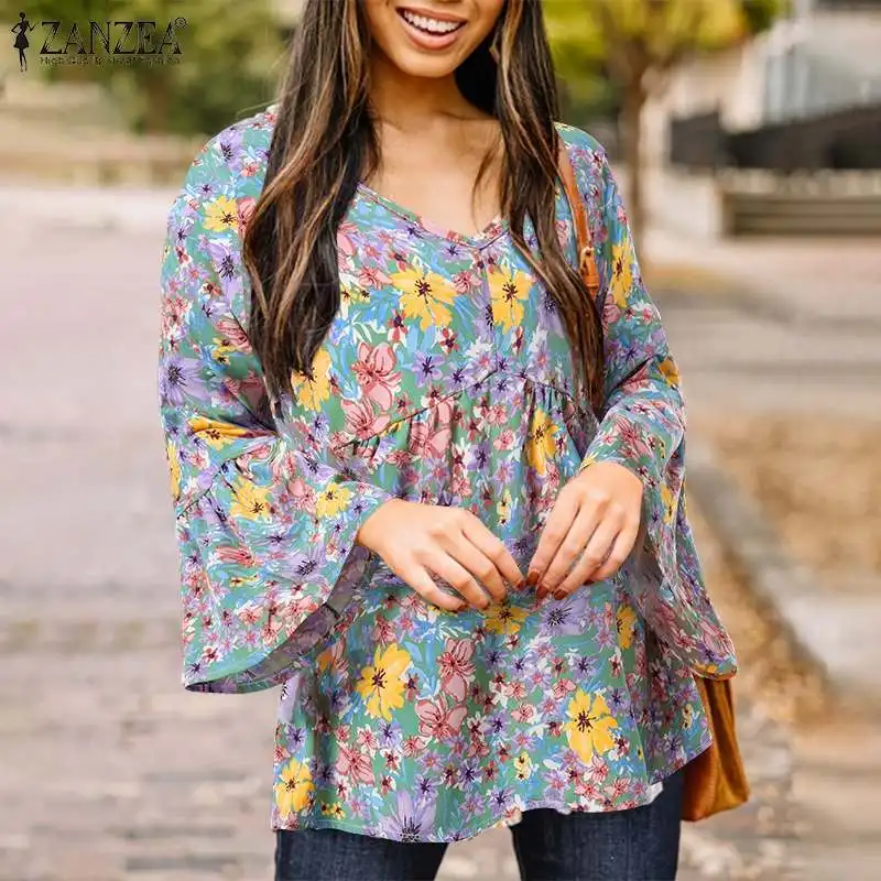 

Bohemian Tunic Tops ZANZEA Floral Printed Blouse Women Casual Long Flare Sleeve Shirt Autumn Elegant V Neck Ruffle Chemise Femme