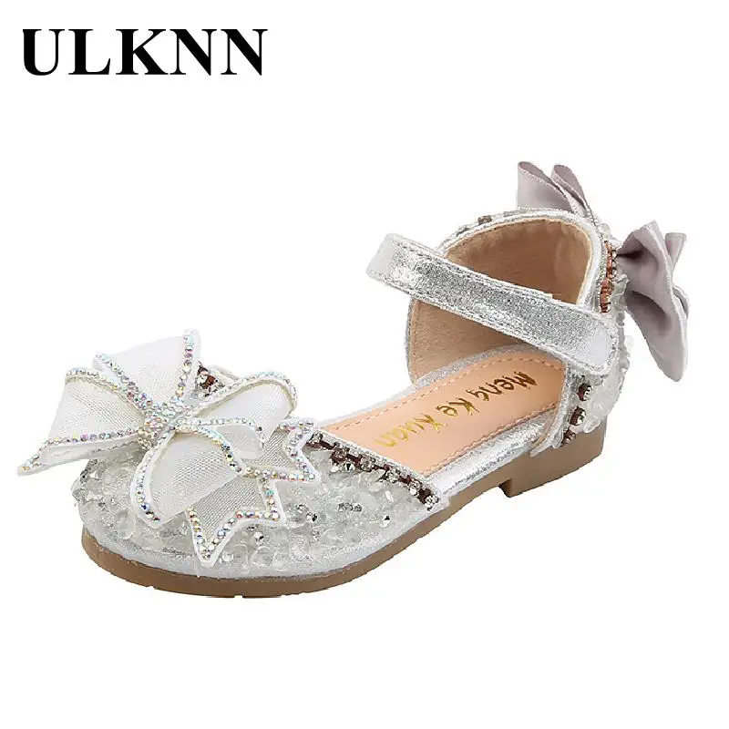 

ULKNN Girl's Crystal Bow Flats Kid's Single Leather Shoes Baby Bowknot Rhinestone Pink Princess Children Spring Girl Shoe Black
