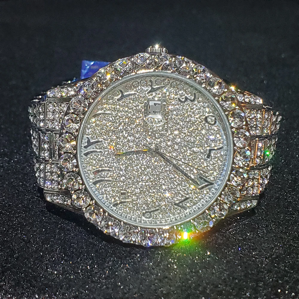 

MISSFOX Iced Out Men Watches Arab Top Brand Luxury Automatic Date Silver Quartz Wristwatches For Male Jewelry Relógio Masculino