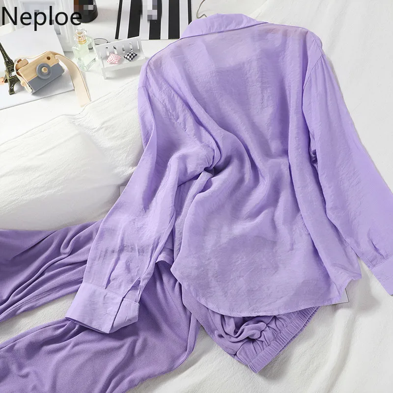 Neploe 3 Piece Set Women Single Breasted Long Sleeve Shirts+Basic Vest Sling+Elastic High Waist Wide Leg Pants Fashion Suits | Женская