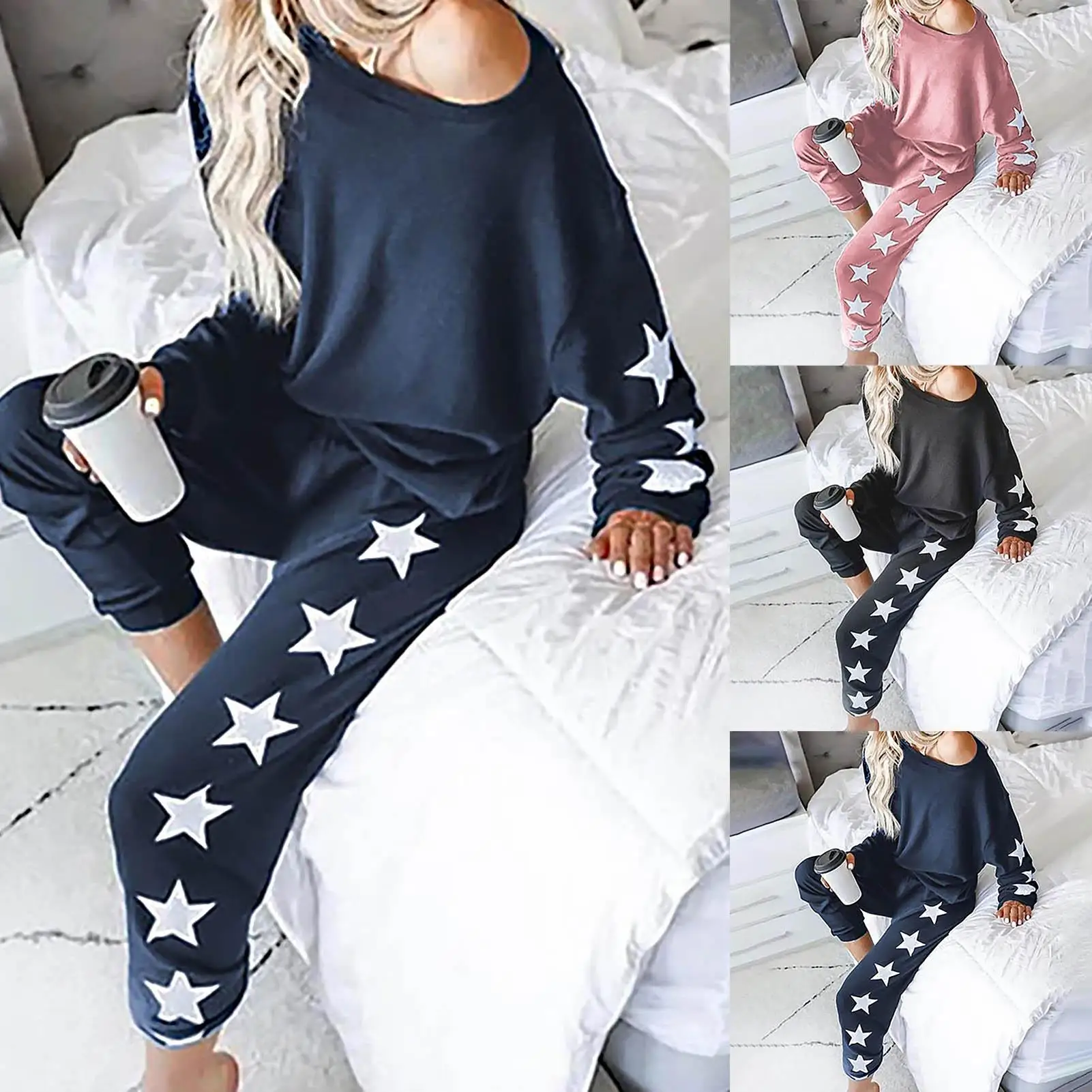 

Women Leggings Suit Tracksuit Hooded Sportswear Women Autumn Long Sleeve Blouse Sweatshirt Pants Set Star Print Tracksuit Outfit