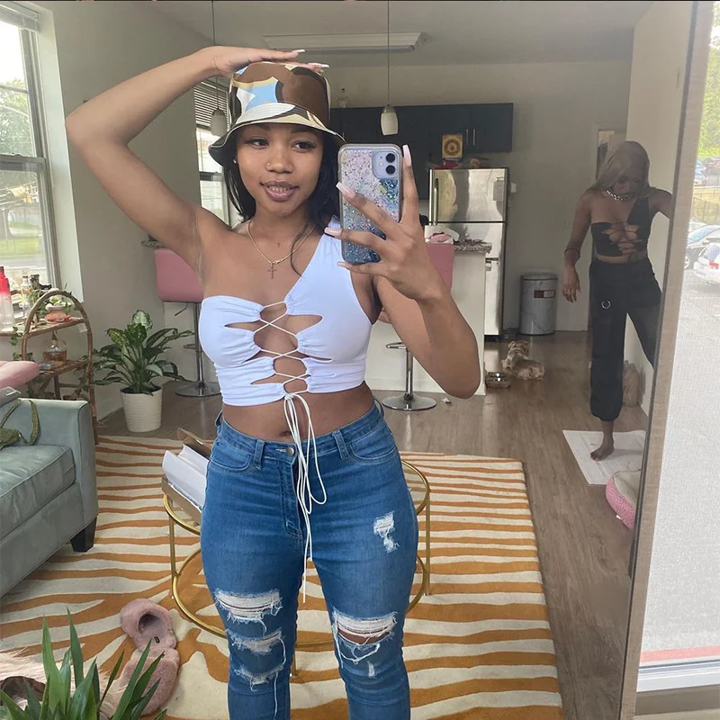 

Women Sexy Party Club Sleeveless Solid One-Shoulder Bandage Outfits Tank Top Bar clothes punk mall accessory apparel cotton size