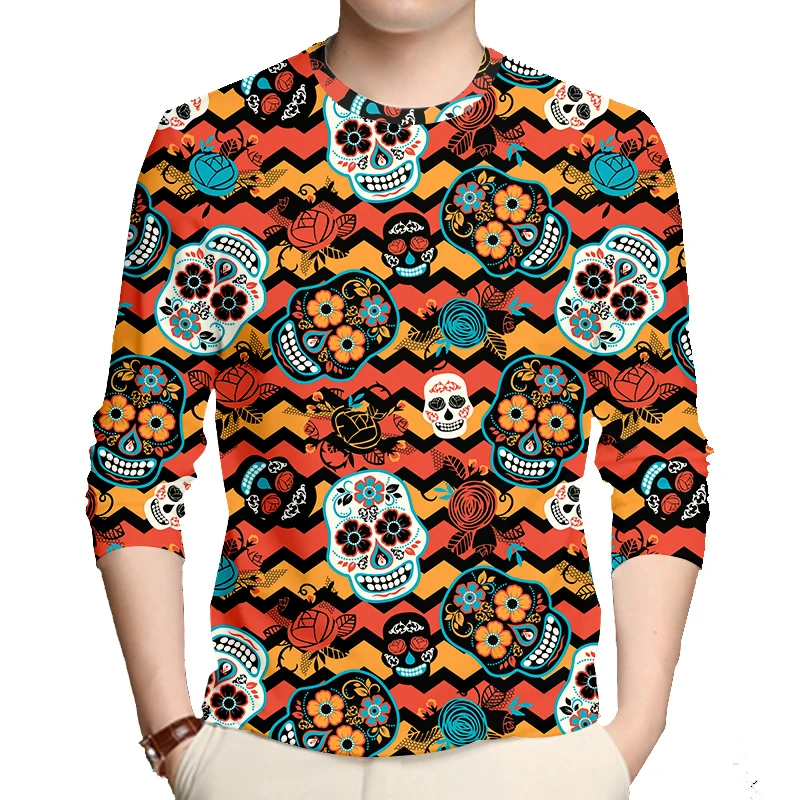 

Plus Size 6XL Males 3D Floral Skull Print T Shirt Women Fashion Long Sleeve Loose TEE New Autumn Casual Oversized Tops Wholesale