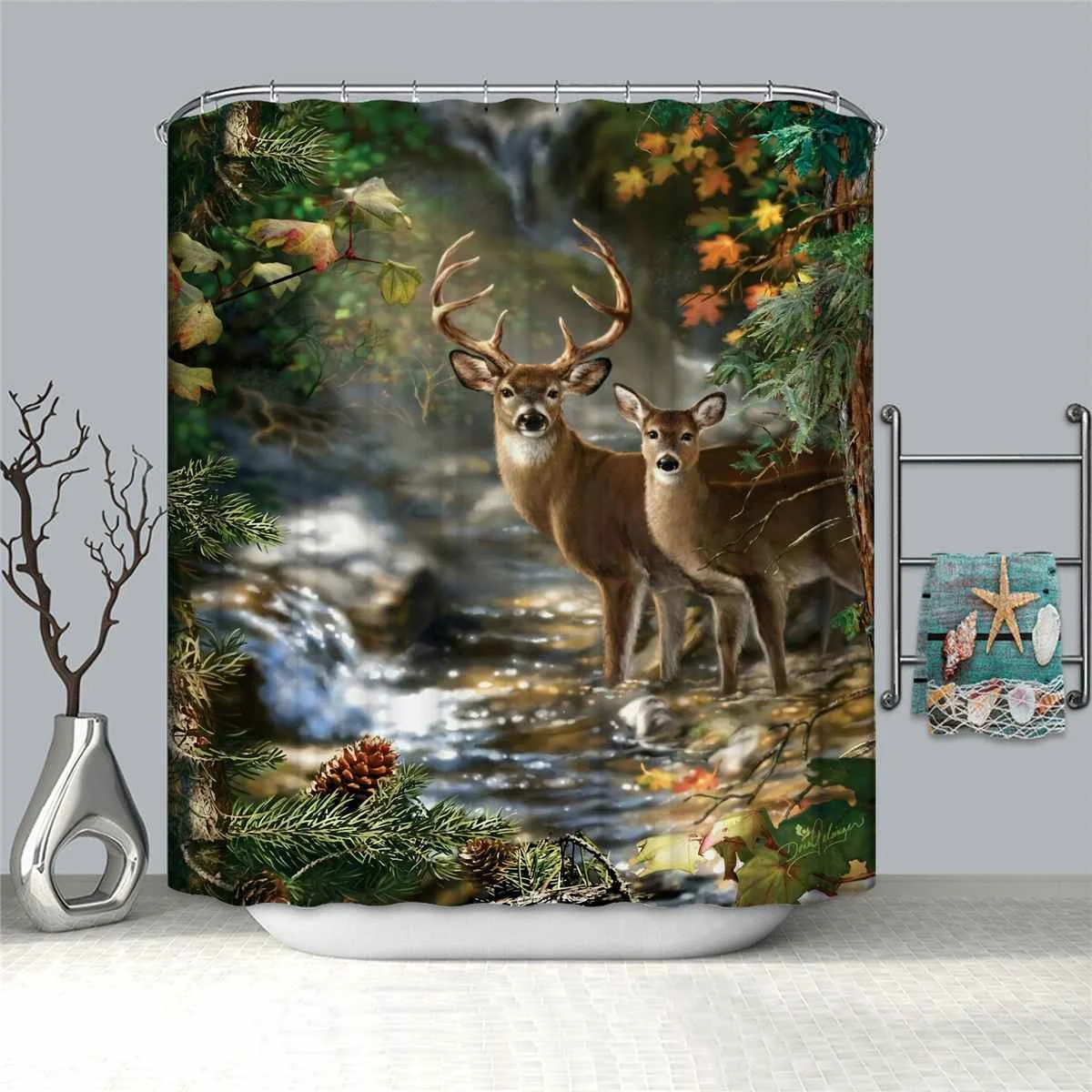 Лесной крик олень Рождество лося 180x180 см душевая занавеска пьедестал коврик