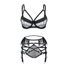 Сексуальное белье для женщин, сексуальный комплект, бюстгальтер, изысканный кружевной бюстгальтер + подвязка + Трусы, женское белье, сексуальные Трусы с вырезами