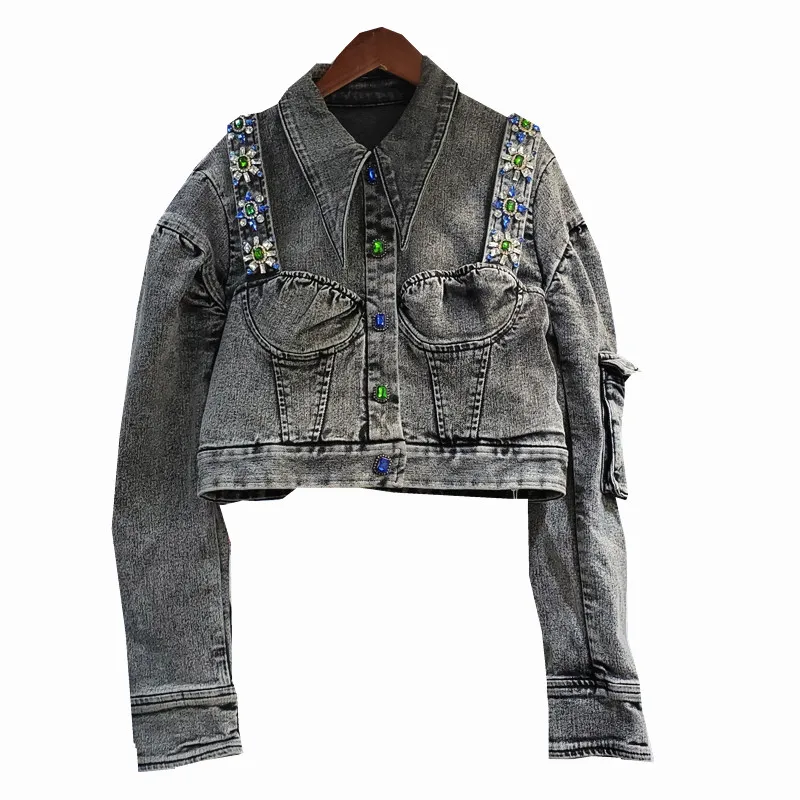 

2021 New Fall Denim Jacket Mujer Vintage Tops Smoky Grey Colorful Snowflake Diamonds Shoulder Straps Short Jean Jacket Women