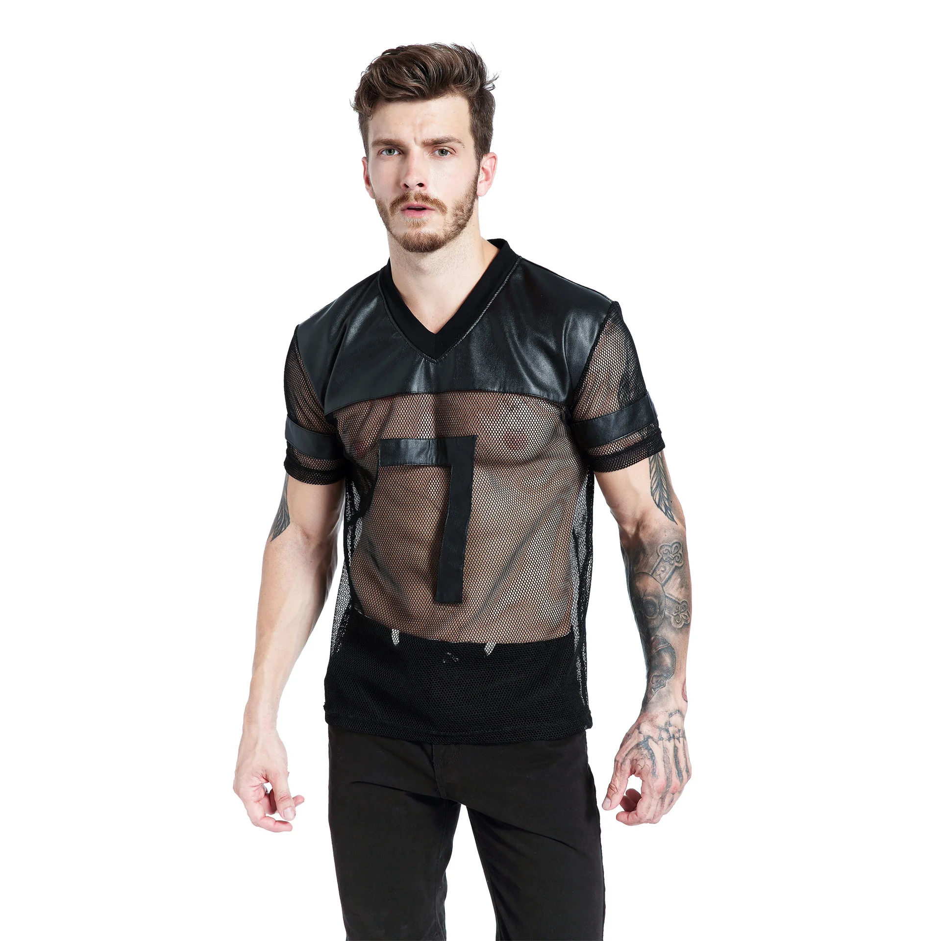 

foreign trade men's simulation leather T-shirt breathable running mesh T-shirt splicing leisure sports V-neck T-shirt fr013