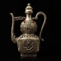 9chinese temple collection old bronze gilt silver mosaic gem dragon statue gourd flagon kettle teapot ornaments town house