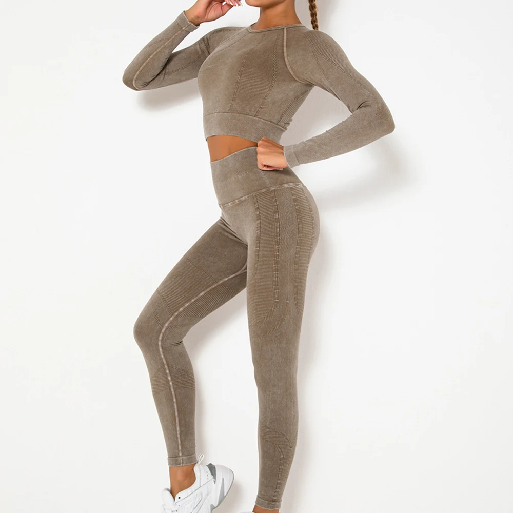 

Женский спортивный костюм, 2 предмета, одежда для тренировок, спортивный короткий топ с длинным рукавом для фитнеса, бесшовные леггинсы с вы...