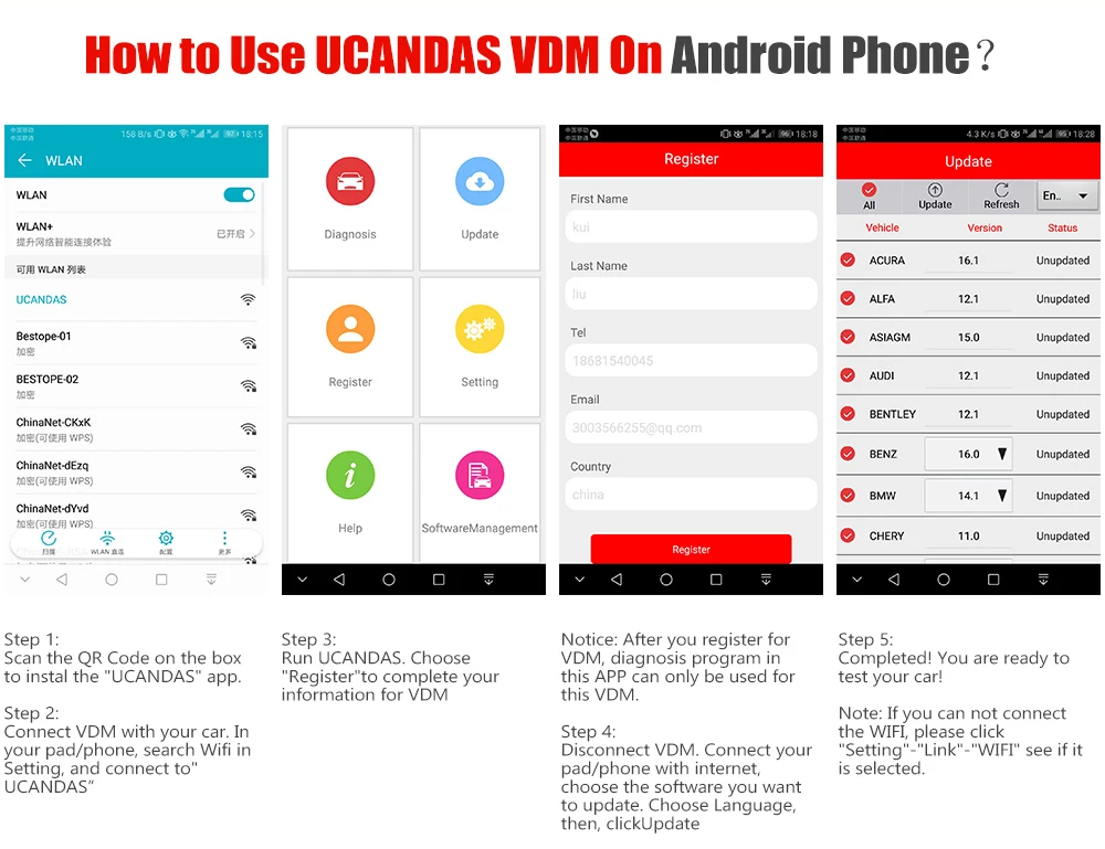 UCANDAS VDM OBD2 считыватель кодов полная система беспроводные диагностические инструменты для поддержки автомобиля Wins Andriod V5.2 Пожизненное бесплатное обновление онлайн