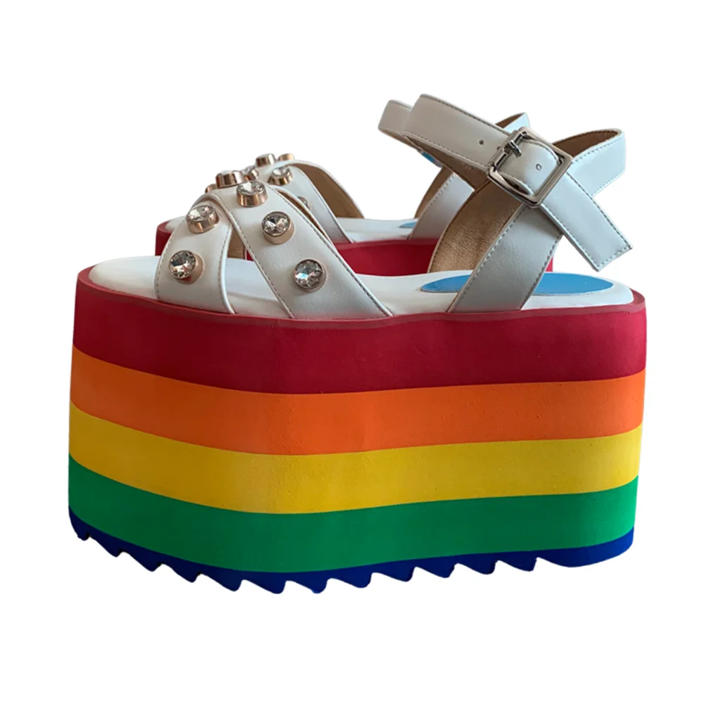 

Rainbow Platform Sandals Women Summer Rhinestone Studded Sandals Thick Bottom Colorful Sole Wedge Shoe Female Peep Toe Sandalias