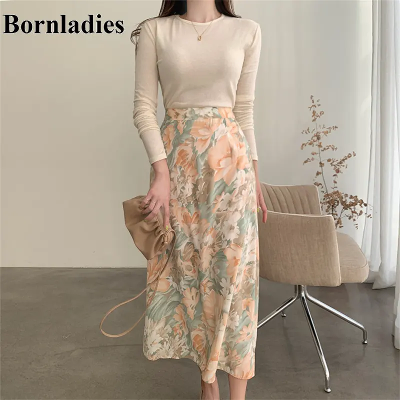 Женские стильные юбки Bornladies 2020 с цветочным рисунком новые универсальные офисные