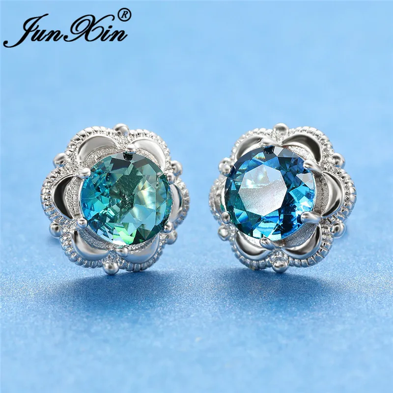 Серьги-гвоздики Mystic с зеленым голубым Цирконом и цветком белые золотые розовые