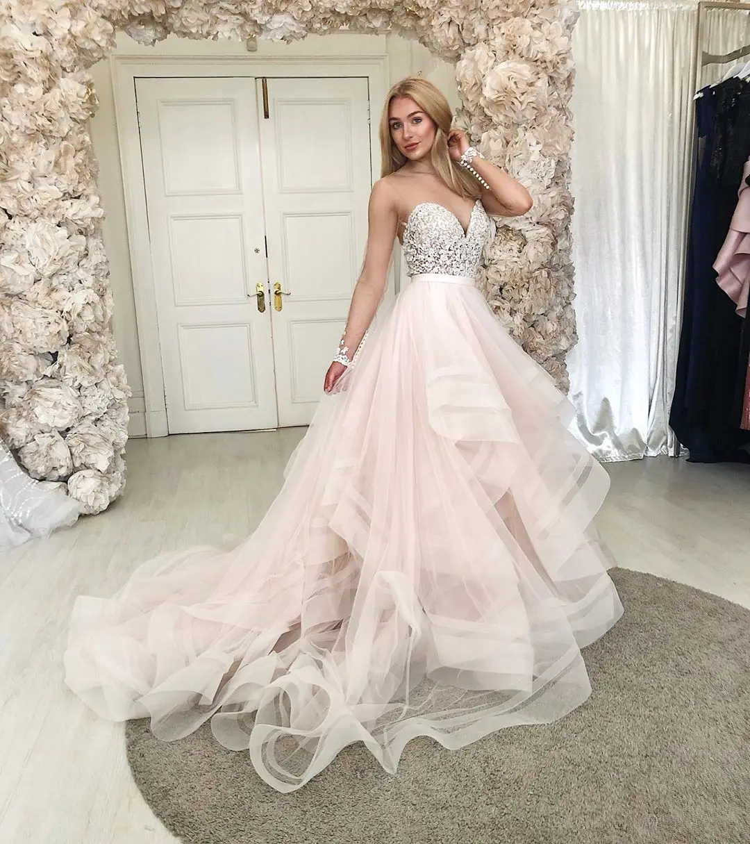 

Pink Long Prom Dresses 2022 Sweetheart Lace Organza Sukienki Vestido De Festa Gala Jurken Formal Evening Gown Party Dress