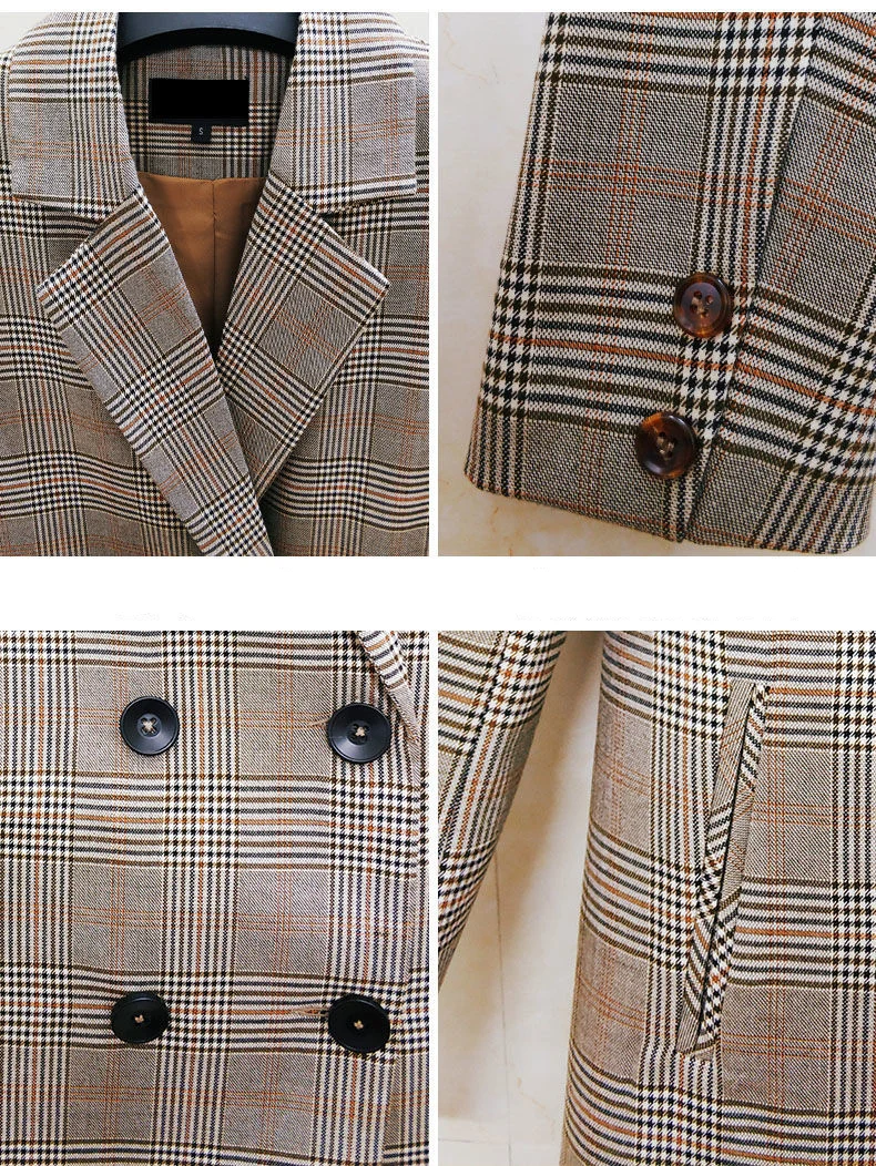 

XS-2XL Double Breasted Plaid Women Blazer Pockets Jackets Female Retro Vintage Suits Coat Feminino blazers Outerwear 3231400